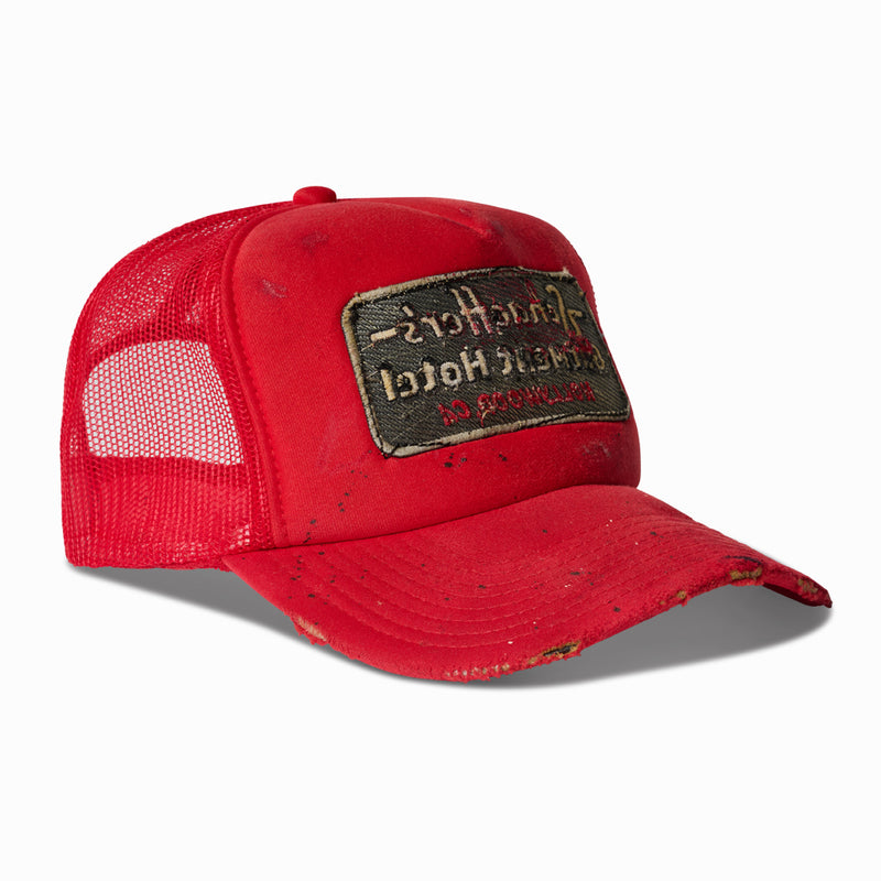 Artist Distressed Red oil aged reverse patch trucker Hat