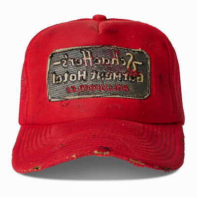 Artist Distressed Red oil aged reverse patch trucker Hat